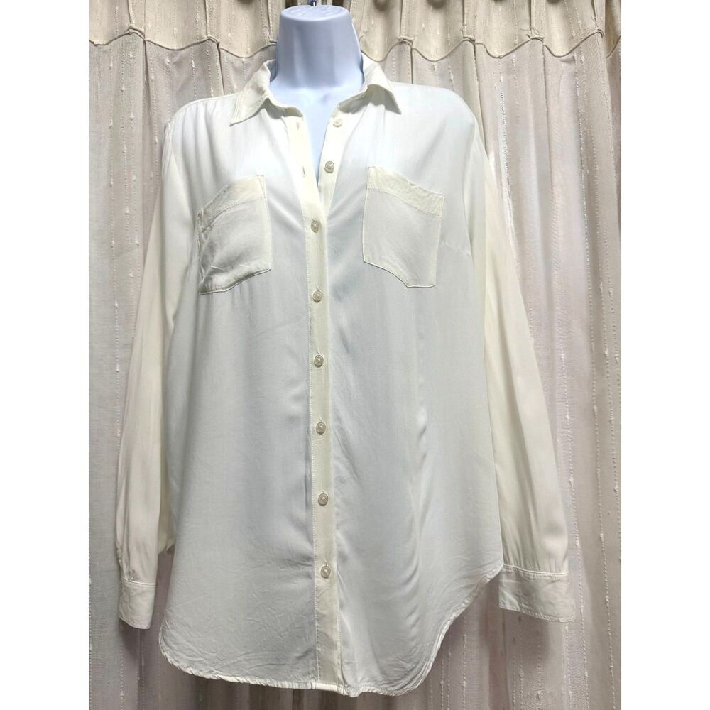 LOFT Women’s Ivory Rayon Button-Down Blouse with Dual Chest Pockets